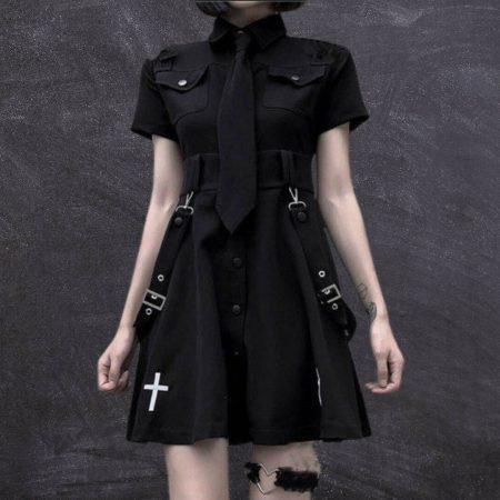 Black Gothic Grunge Dress with Cross Detail for Y2K Style