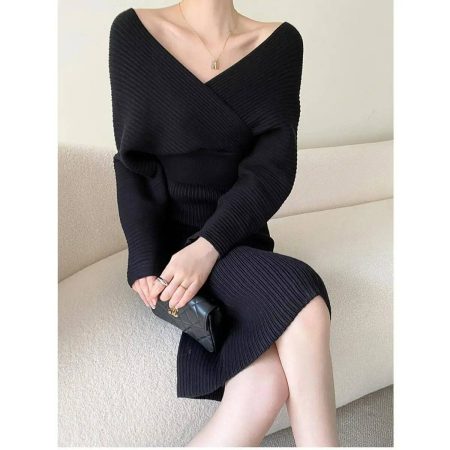 Boho V-Neck Knit Sweater Dress | Y2K Winter Fashion Statement