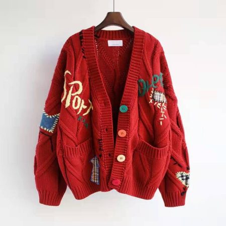 Cozy Knit Cardigan: Women's Y2K Style with Embroidery & Pockets