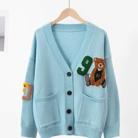 Cute Bear Print V-neck Cardigan: Knitted Y2K Style with Pockets
