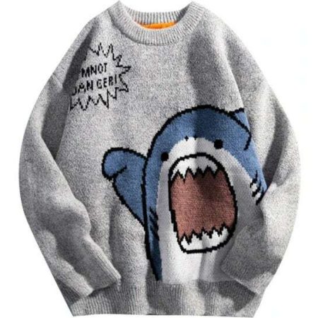 Cute Shark Print Oversized Turtleneck Sweater for Y2K Style
