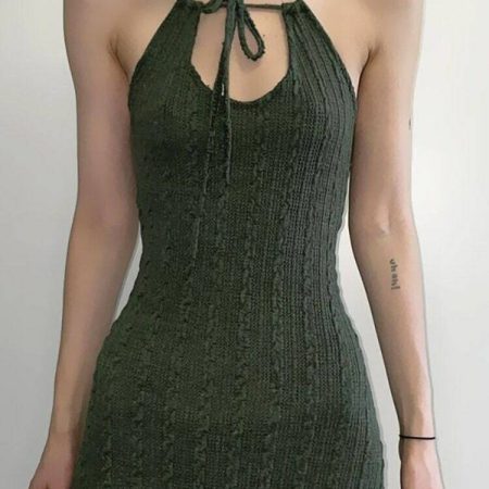 Fairy Grunge Mini Dress: Dark Green Backless A-Line with Sexy Halter - Y2K Chic