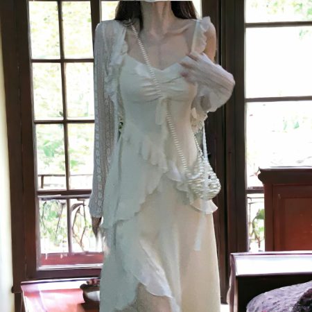 Fairy Grunge Ruffle Dress Set: White Y2K Midi Style