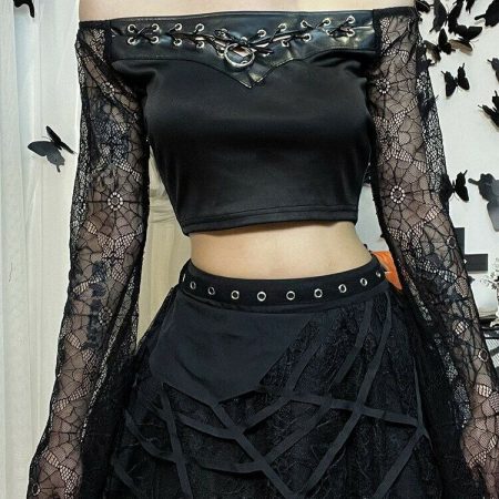 Goth Lace Flare Sleeve Leather Crop Top for Y2K Party Glam