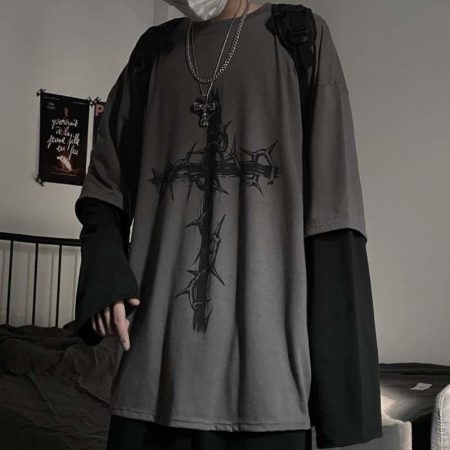 Gothic Cross Print Tee: Edgy Long Sleeve & Oversized Top