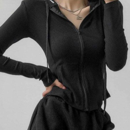 Gothic Vintage Zip-Up Hooded Cardigan: Stylish Y2K Tops