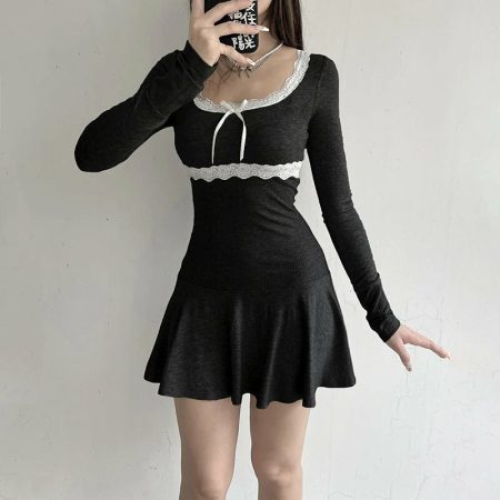 Korean Aesthetic Mini Dress in Black | Y2K Fashion
