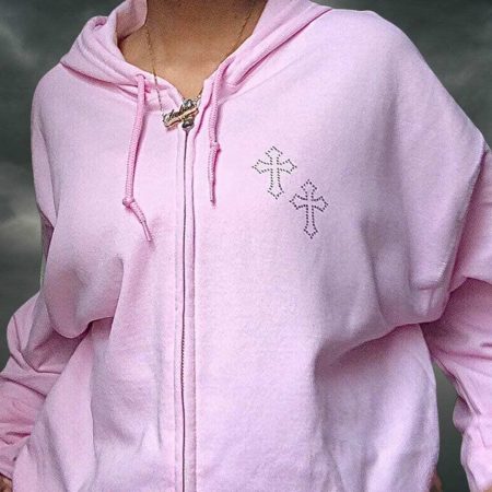 Pink Rhinestone Cross Hoodie: Y2K Christian Style with a Streetwear Twist
