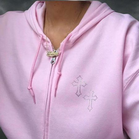 Pink Rhinestone Cross Hoodie: Y2K Christian Style with a Streetwear Twist