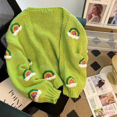Rainbow Knit Oversized Cardigan for Women: Cozy Y2K Style