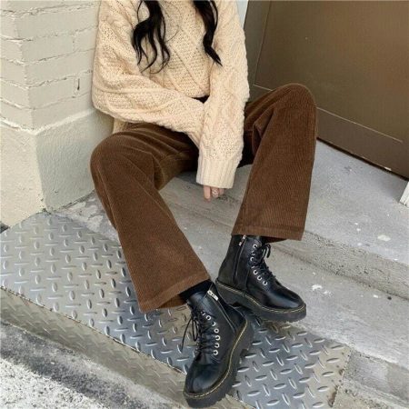 Retro Brown Corduroy Pants: Y2K High-Waisted Style for Her