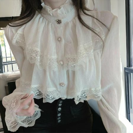 Vintage Ruffle White Blouse: Y2K Lace Sleeve Style