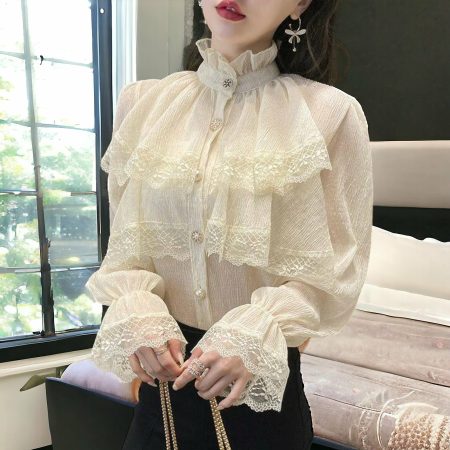 Vintage Ruffle White Blouse: Y2K Lace Sleeve Style
