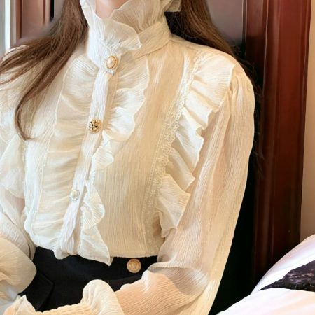 Vintage White Chiffon Blouse: Elegant Lace & Ruffle Detailing