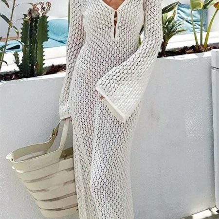 White Crochet Maxi Beach Dress: Y2K Kaftan Cover-Up