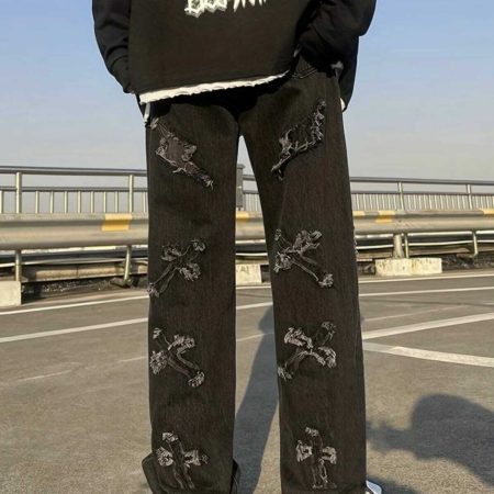 Y2K Cross Pattern Embroidered Jeans: Men's Street Style Essential