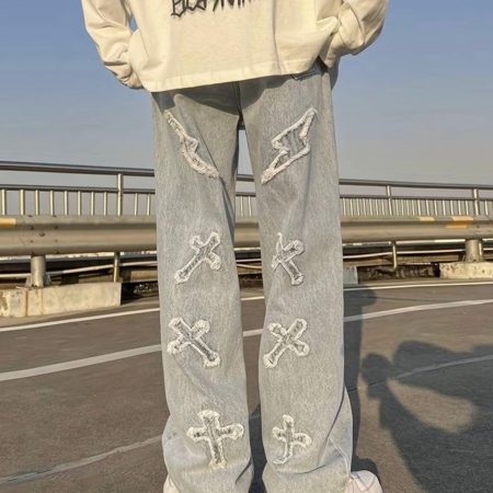 Y2K Cross Pattern Embroidered Jeans: Men's Street Style Essential