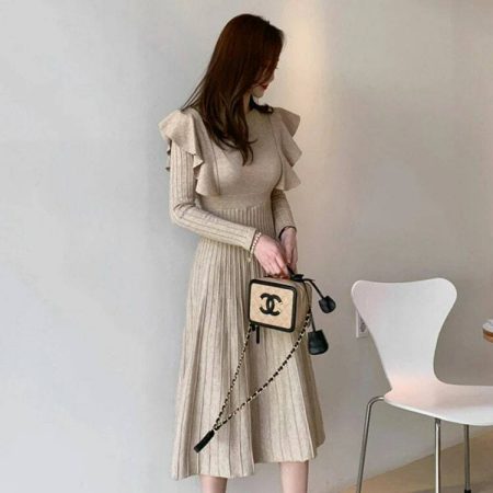 Y2K Knit Ruffles Sweater Dress | Vintage A-line Midi