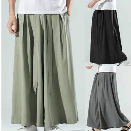 Y2K Men's Kimono Wide Pants: Black Ice Silk, Casual Elastic Waist, Streetwear Gift