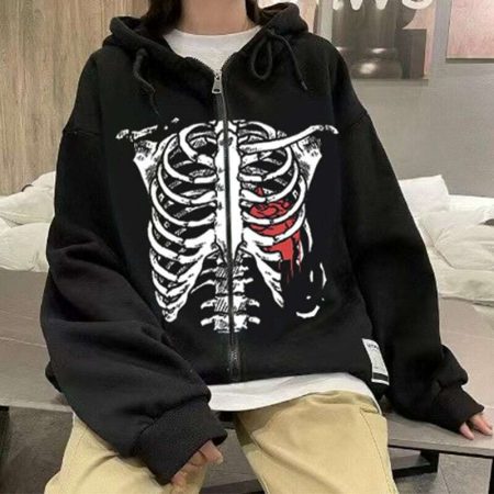 Y2K Skeleton Print Gothic Hoodie: Urban Chic Zip-Up Sweatshirt